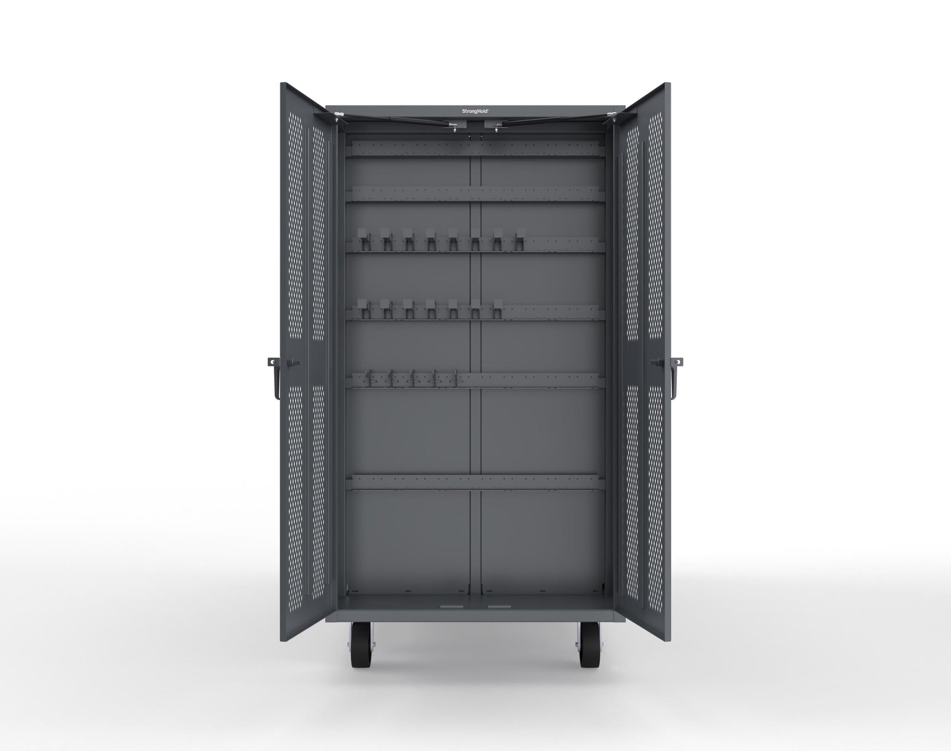 Extreme Duty Mobile Rigging Cabinet with 2 sets of 2 Ventilated Sliding Doors and 2 sets of 2 Ventilated Swing Doors with Short and Long Hangers - 86 in. W x 50 in. D x 100 in. H - 7.27.6-4V-500-2SLD-2ED-40SH-16LH-FLP-CA-7024