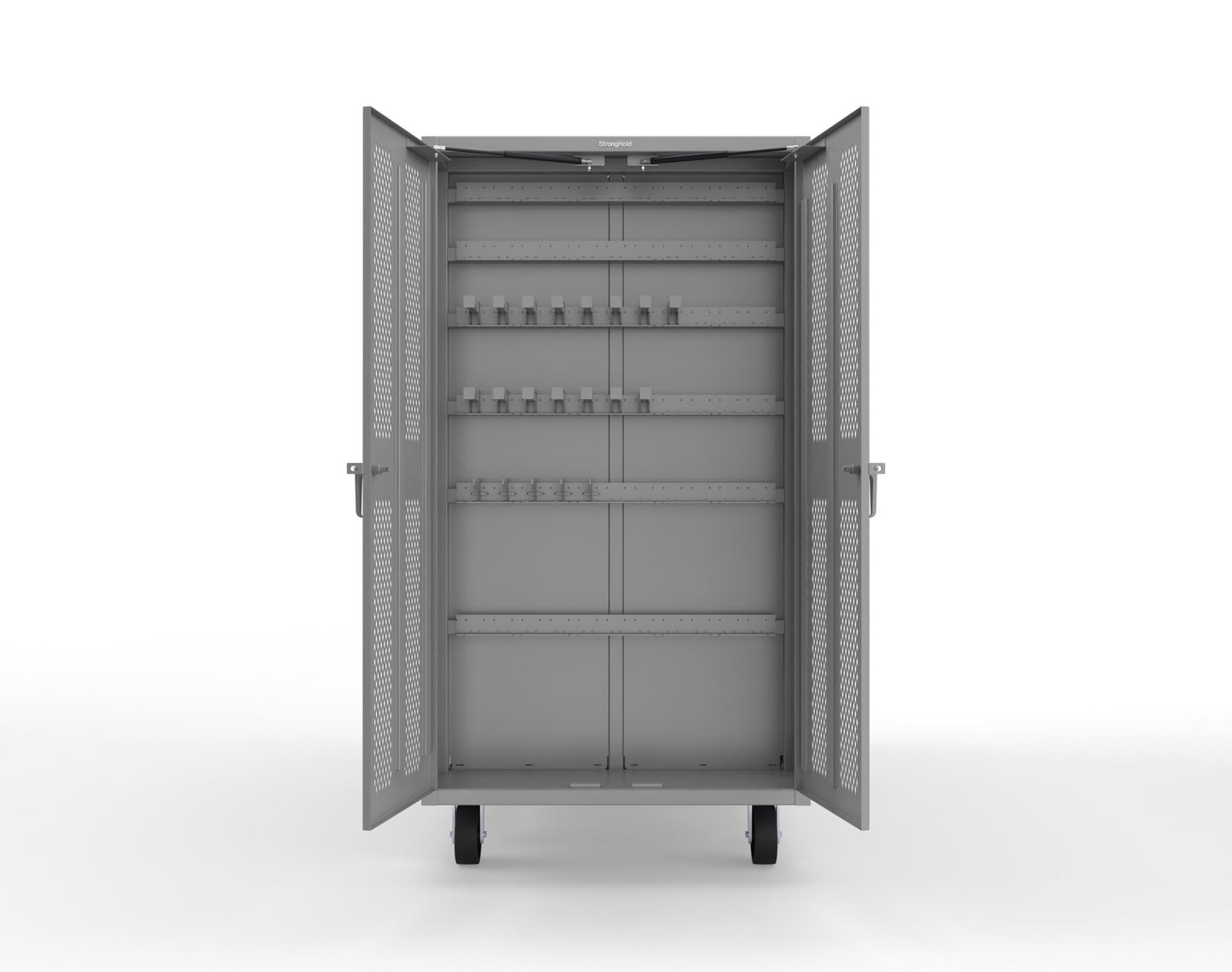 Extreme Duty Mobile Rigging Cabinet with 2 sets of 2 Ventilated Sliding Doors and 2 sets of 2 Ventilated Swing Doors with Short and Long Hangers - 86 in. W x 50 in. D x 100 in. H - 7.27.6-4V-500-2SLD-2ED-40SH-16LH-FLP-CA-7037