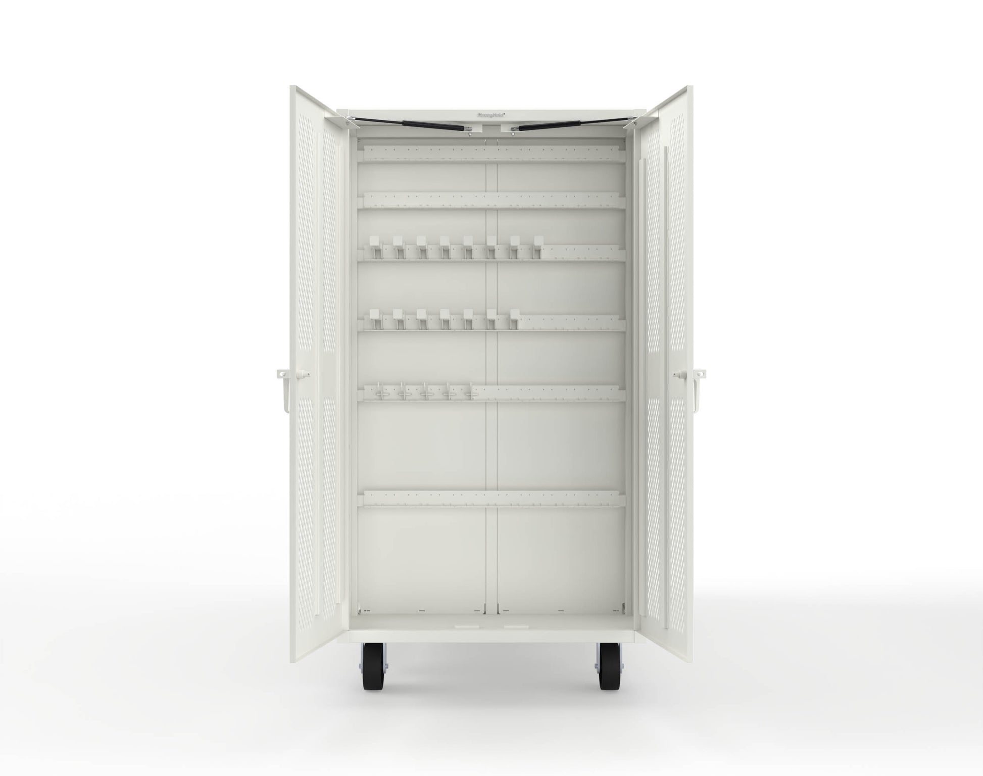 Extreme Duty Mobile Rigging Cabinet with 2 sets of 2 Ventilated Sliding Doors and 2 sets of 2 Ventilated Swing Doors with Short and Long Hangers - 86 in. W x 50 in. D x 100 in. H - 7.27.6-4V-500-2SLD-2ED-40SH-16LH-FLP-CA-9003