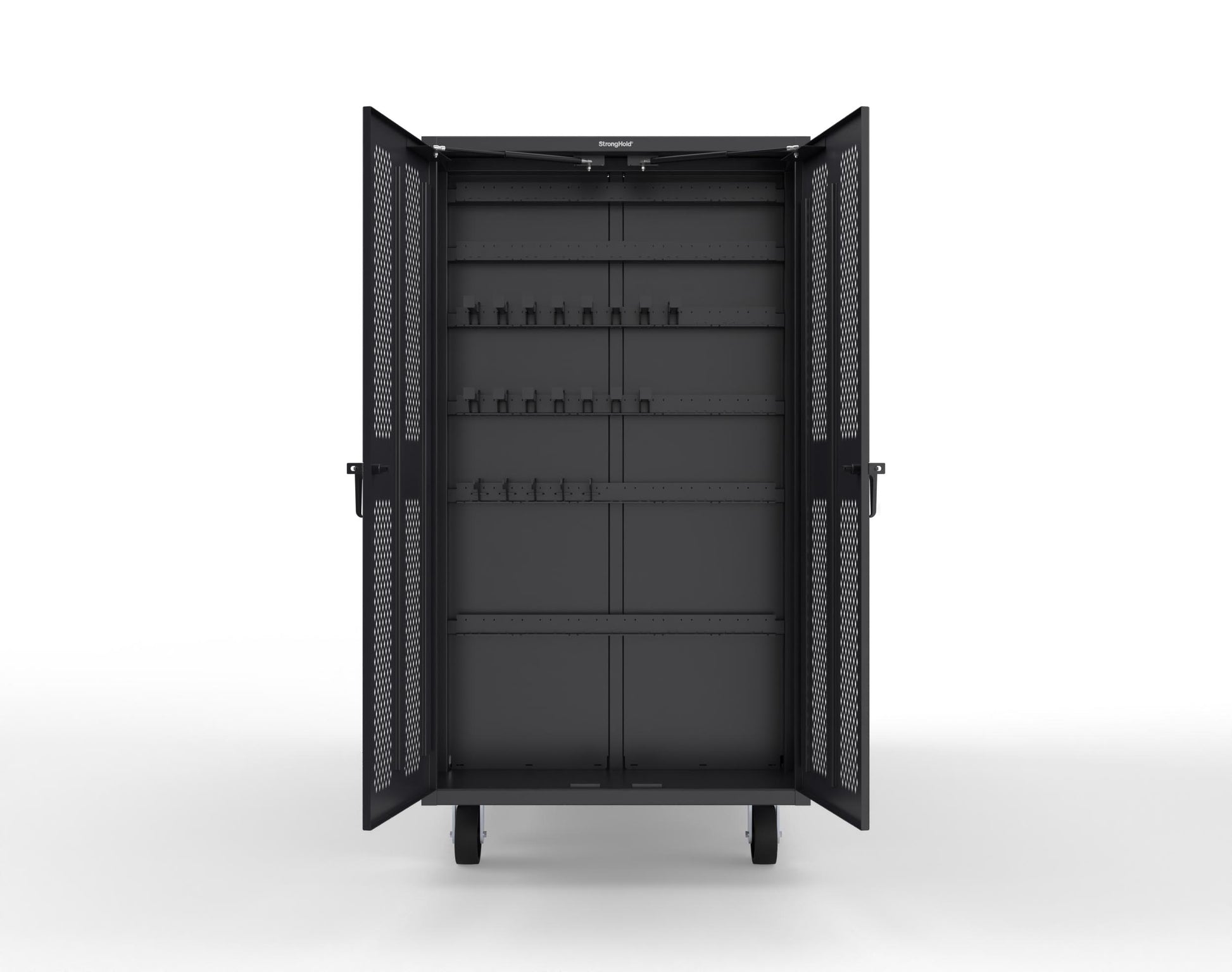 Extreme Duty Mobile Rigging Cabinet with 2 sets of 2 Ventilated Sliding Doors and 2 sets of 2 Ventilated Swing Doors with Short and Long Hangers - 86 in. W x 50 in. D x 100 in. H - 7.27.6-4V-500-2SLD-2ED-40SH-16LH-FLP-CA-9005