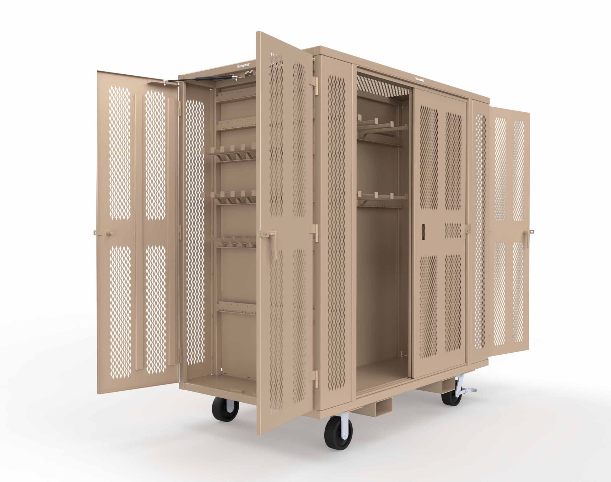 Extreme Duty Mobile Rigging Cabinet with 2 sets of 2 Ventilated Sliding Doors and 2 sets of 2 Ventilated Swing Doors with Short and Long Hangers - 86 in. W x 50 in. D x 100 in. H - 7.27.6-4V-500-2SLD-2ED-40SH-16LH-FLP-CA-1019