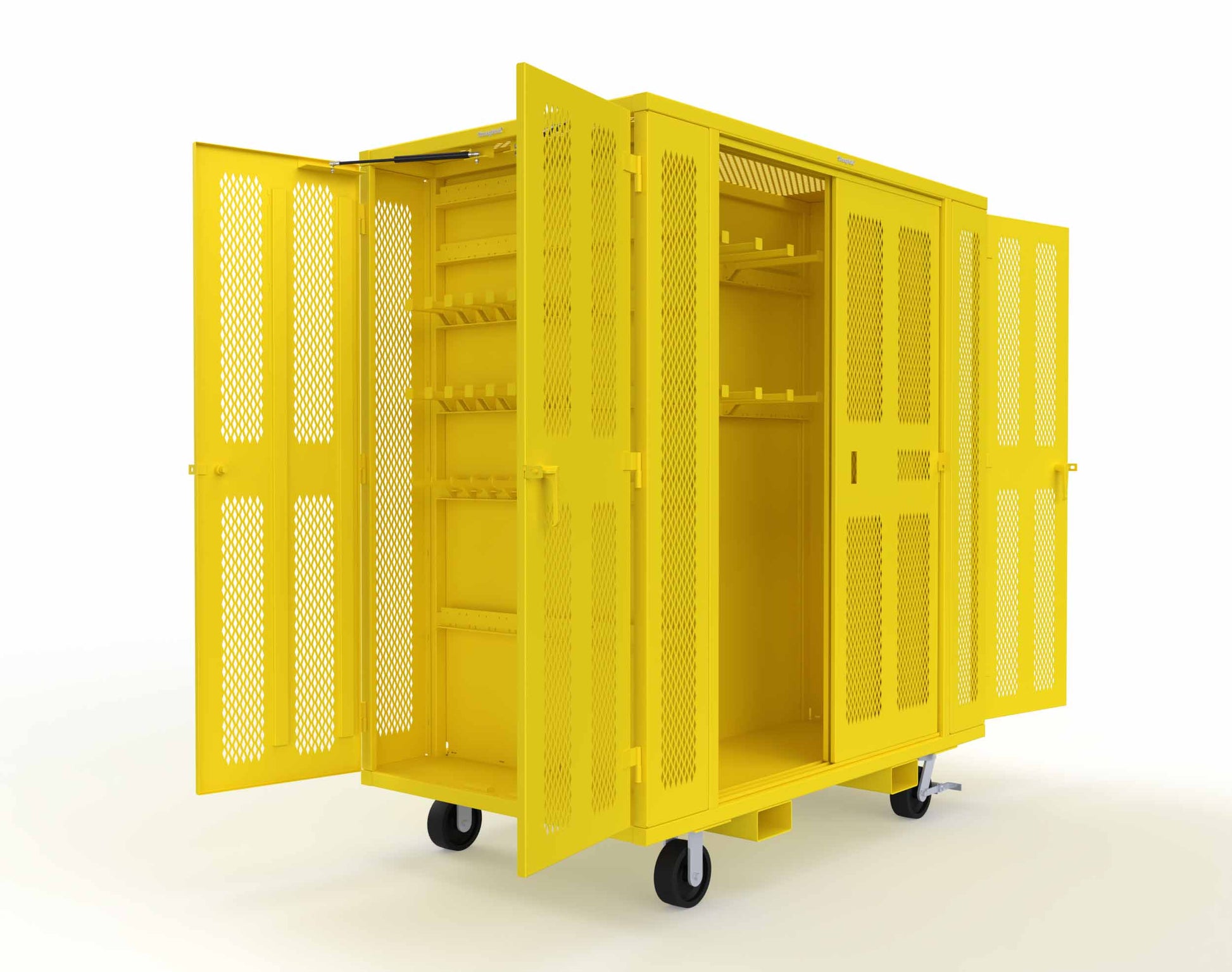 Extreme Duty Mobile Rigging Cabinet with 2 sets of 2 Ventilated Sliding Doors and 2 sets of 2 Ventilated Swing Doors with Short and Long Hangers - 86 in. W x 50 in. D x 100 in. H - 7.27.6-4V-500-2SLD-2ED-40SH-16LH-FLP-CA-1021