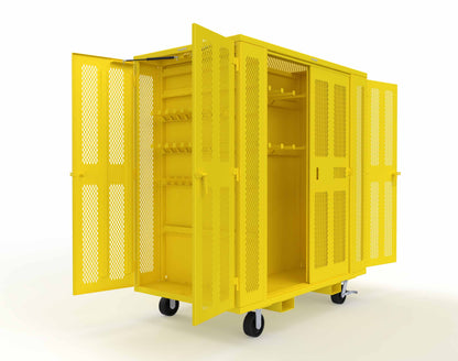 Extreme Duty Mobile Rigging Cabinet with 2 sets of 2 Ventilated Sliding Doors and 2 sets of 2 Ventilated Swing Doors with Short and Long Hangers - 86 in. W x 50 in. D x 100 in. H - 7.27.6-4V-500-2SLD-2ED-40SH-16LH-FLP-CA-1021