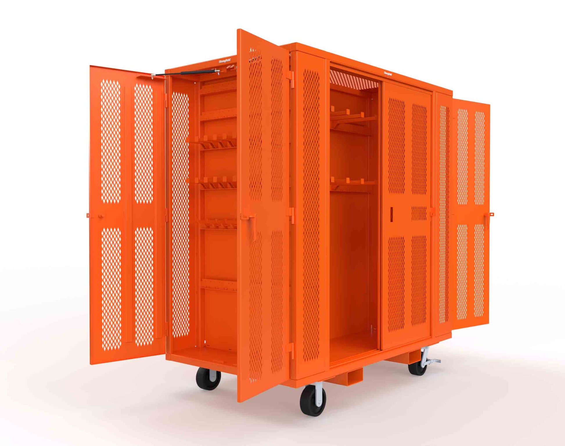 Extreme Duty Mobile Rigging Cabinet with 2 sets of 2 Ventilated Sliding Doors and 2 sets of 2 Ventilated Swing Doors with Short and Long Hangers - 86 in. W x 50 in. D x 100 in. H - 7.27.6-4V-500-2SLD-2ED-40SH-16LH-FLP-CA-2009