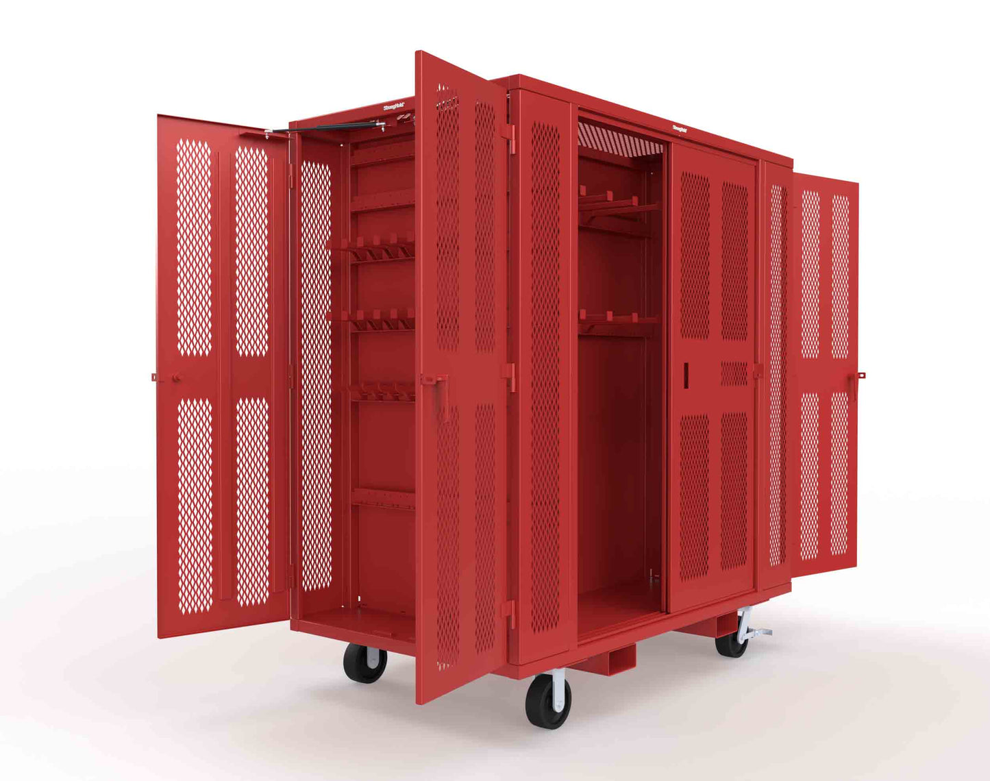 Extreme Duty Mobile Rigging Cabinet with 2 sets of 2 Ventilated Sliding Doors and 2 sets of 2 Ventilated Swing Doors with Short and Long Hangers - 86 in. W x 50 in. D x 100 in. H - 7.27.6-4V-500-2SLD-2ED-40SH-16LH-FLP-CA-3001