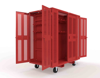 Extreme Duty Mobile Rigging Cabinet with 2 sets of 2 Ventilated Sliding Doors and 2 sets of 2 Ventilated Swing Doors with Short and Long Hangers - 86 in. W x 50 in. D x 100 in. H - 7.27.6-4V-500-2SLD-2ED-40SH-16LH-FLP-CA-3001