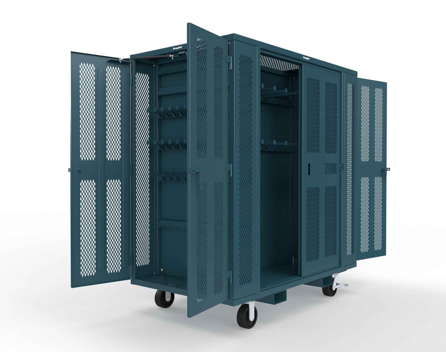 Extreme Duty Mobile Rigging Cabinet with 2 sets of 2 Ventilated Sliding Doors and 2 sets of 2 Ventilated Swing Doors with Short and Long Hangers - 86 in. W x 50 in. D x 100 in. H - 7.27.6-4V-500-2SLD-2ED-40SH-16LH-FLP-CA-5001
