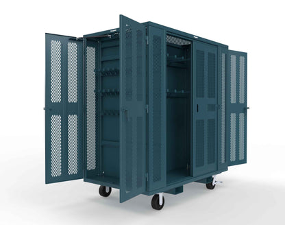 Extreme Duty Mobile Rigging Cabinet with 2 sets of 2 Ventilated Sliding Doors and 2 sets of 2 Ventilated Swing Doors with Short and Long Hangers - 86 in. W x 50 in. D x 100 in. H - 7.27.6-4V-500-2SLD-2ED-40SH-16LH-FLP-CA-5001