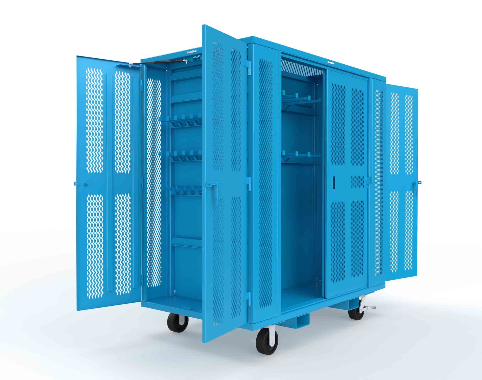 Extreme Duty Mobile Rigging Cabinet with 2 sets of 2 Ventilated Sliding Doors and 2 sets of 2 Ventilated Swing Doors with Short and Long Hangers - 86 in. W x 50 in. D x 100 in. H - 7.27.6-4V-500-2SLD-2ED-40SH-16LH-FLP-CA-5012