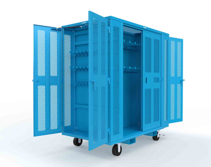Extreme Duty Mobile Rigging Cabinet with 2 sets of 2 Ventilated Sliding Doors and 2 sets of 2 Ventilated Swing Doors with Short and Long Hangers - 86 in. W x 50 in. D x 100 in. H - 7.27.6-4V-500-2SLD-2ED-40SH-16LH-FLP-CA-5012