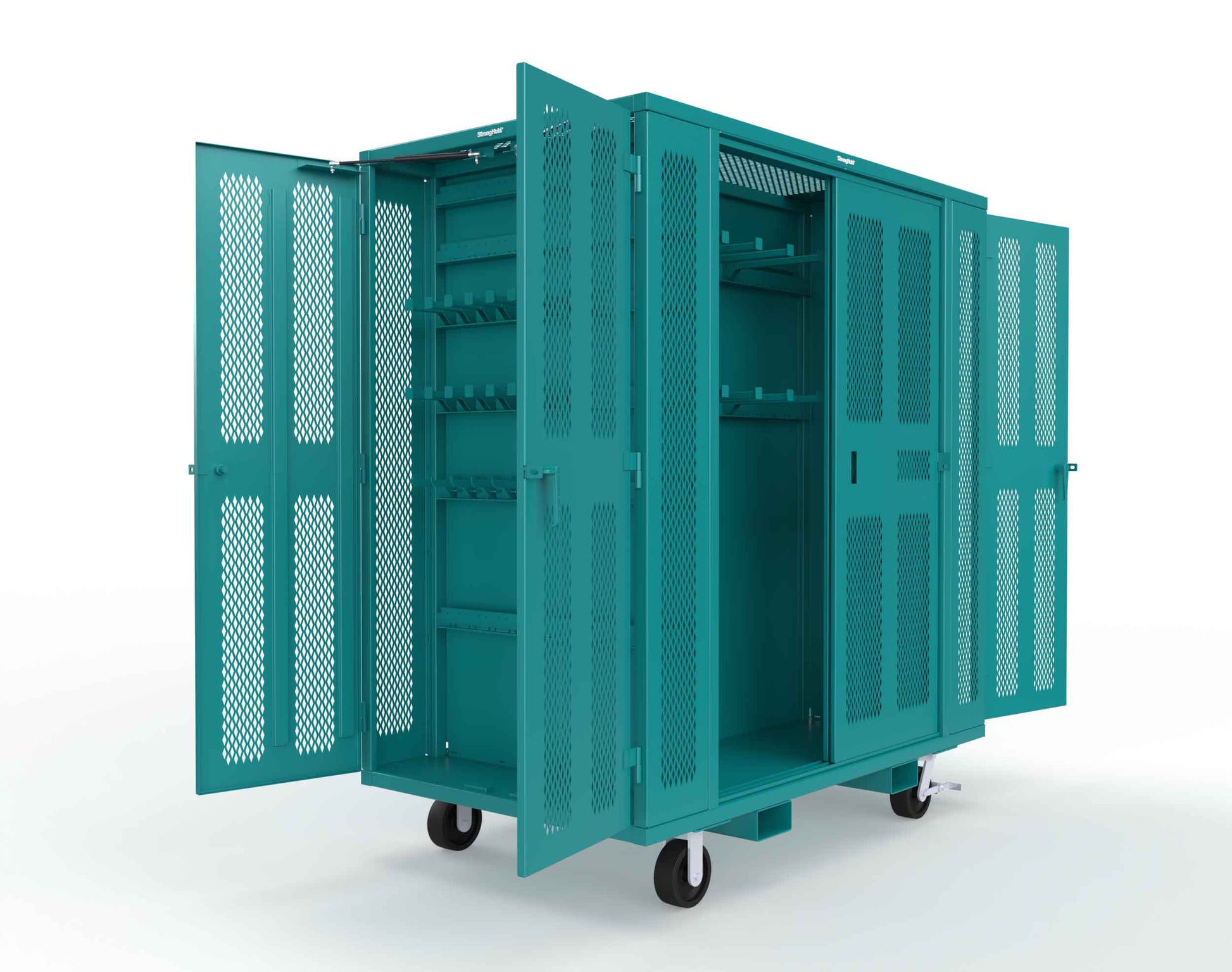 Extreme Duty Mobile Rigging Cabinet with 2 sets of 2 Ventilated Sliding Doors and 2 sets of 2 Ventilated Swing Doors with Short and Long Hangers - 86 in. W x 50 in. D x 100 in. H - 7.27.6-4V-500-2SLD-2ED-40SH-16LH-FLP-CA-5021