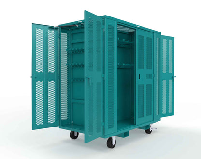 Extreme Duty Mobile Rigging Cabinet with 2 sets of 2 Ventilated Sliding Doors and 2 sets of 2 Ventilated Swing Doors with Short and Long Hangers - 86 in. W x 50 in. D x 100 in. H - 7.27.6-4V-500-2SLD-2ED-40SH-16LH-FLP-CA-5021