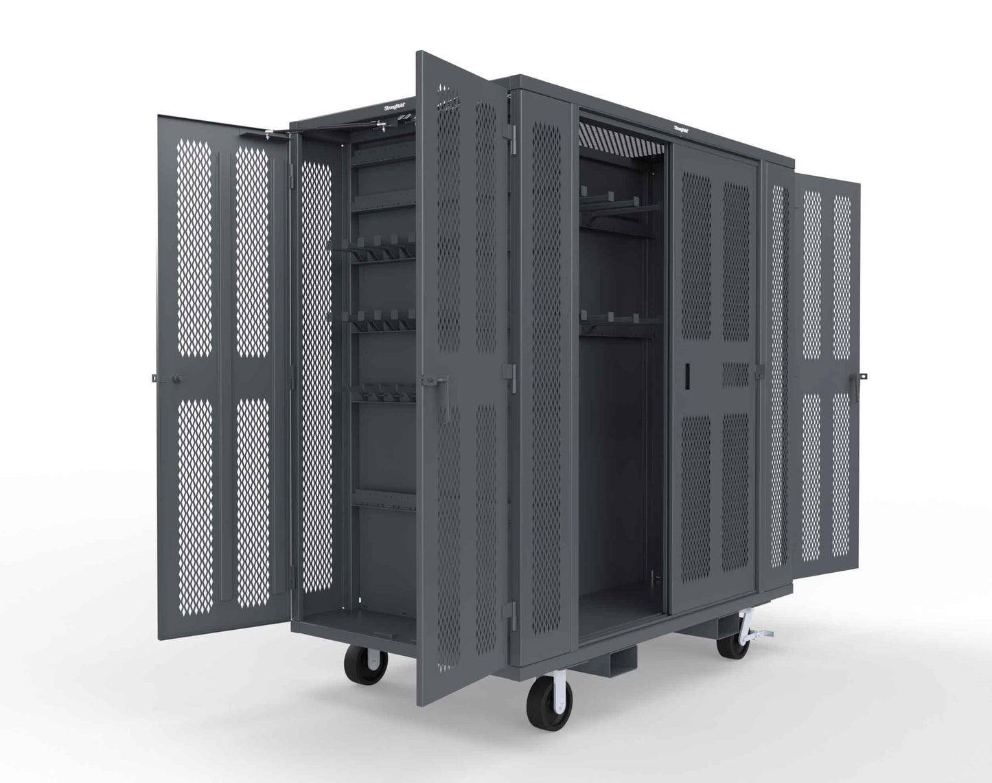 Extreme Duty Mobile Rigging Cabinet with 2 sets of 2 Ventilated Sliding Doors and 2 sets of 2 Ventilated Swing Doors with Short and Long Hangers - 86 in. W x 50 in. D x 100 in. H - 7.27.6-4V-500-2SLD-2ED-40SH-16LH-FLP-CA-7024