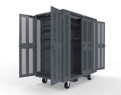 Extreme Duty Mobile Rigging Cabinet with 2 sets of 2 Ventilated Sliding Doors and 2 sets of 2 Ventilated Swing Doors with Short and Long Hangers - 86 in. W x 50 in. D x 100 in. H - 7.27.6-4V-500-2SLD-2ED-40SH-16LH-FLP-CA-7024