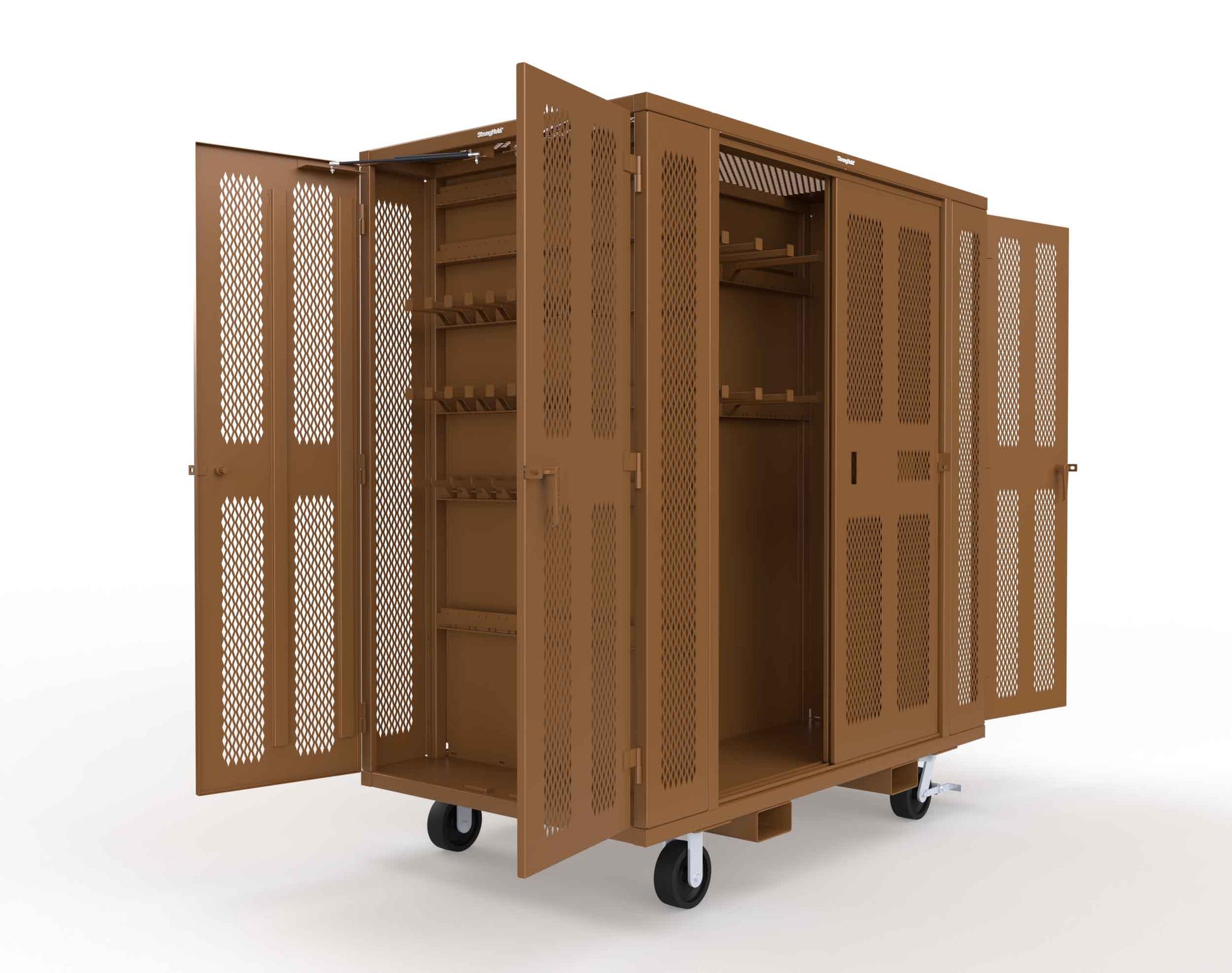 Extreme Duty Mobile Rigging Cabinet with 2 sets of 2 Ventilated Sliding Doors and 2 sets of 2 Ventilated Swing Doors with Short and Long Hangers - 86 in. W x 50 in. D x 100 in. H - 7.27.6-4V-500-2SLD-2ED-40SH-16LH-FLP-CA-8008