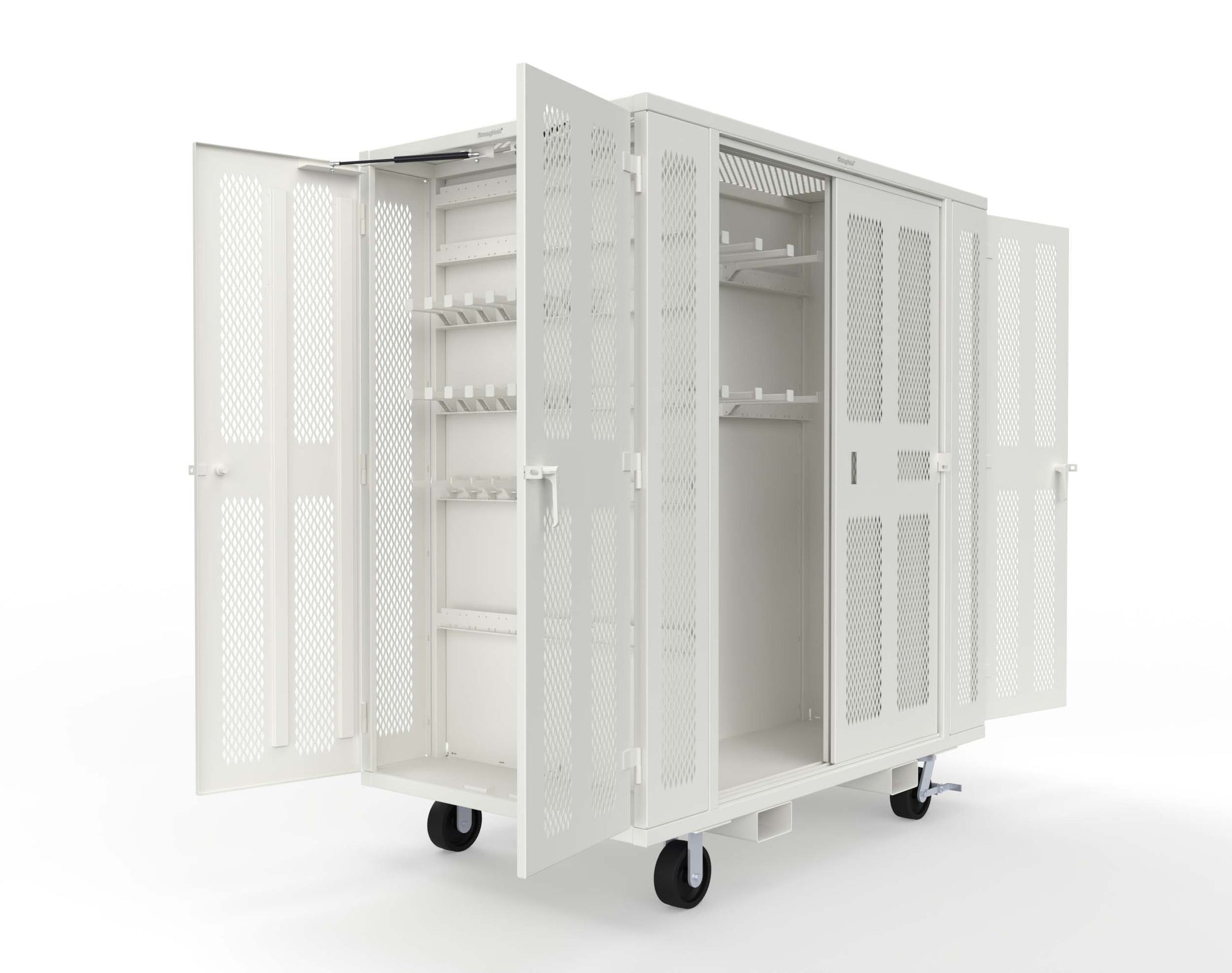 Extreme Duty Mobile Rigging Cabinet with 2 sets of 2 Ventilated Sliding Doors and 2 sets of 2 Ventilated Swing Doors with Short and Long Hangers - 86 in. W x 50 in. D x 100 in. H - 7.27.6-4V-500-2SLD-2ED-40SH-16LH-FLP-CA-9003