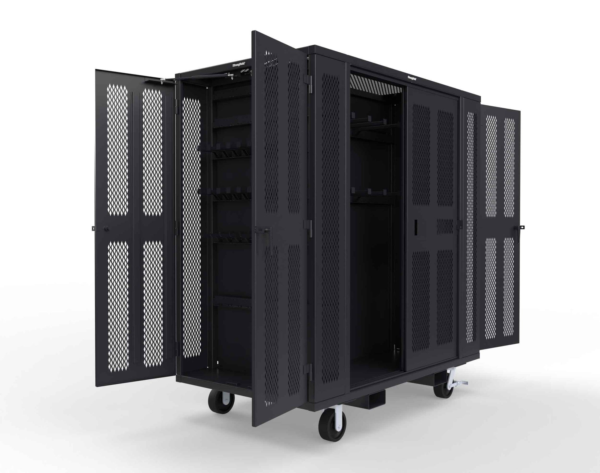 Extreme Duty Mobile Rigging Cabinet with 2 sets of 2 Ventilated Sliding Doors and 2 sets of 2 Ventilated Swing Doors with Short and Long Hangers - 86 in. W x 50 in. D x 100 in. H - 7.27.6-4V-500-2SLD-2ED-40SH-16LH-FLP-CA-9005