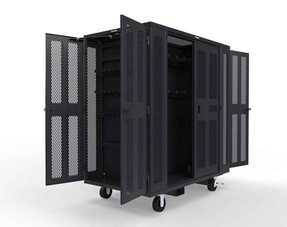 Extreme Duty Mobile Rigging Cabinet with 2 sets of 2 Ventilated Sliding Doors and 2 sets of 2 Ventilated Swing Doors with Short and Long Hangers - 86 in. W x 50 in. D x 100 in. H - 7.27.6-4V-500-2SLD-2ED-40SH-16LH-FLP-CA-9005