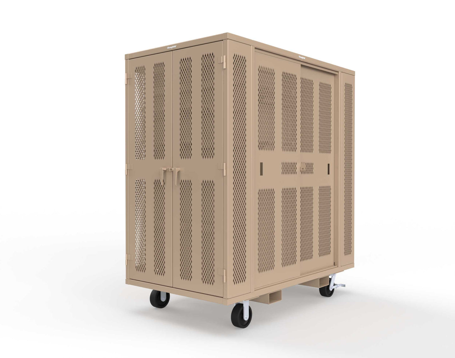 Extreme Duty Mobile Rigging Cabinet with 2 sets of 2 Ventilated Sliding Doors and 2 sets of 2 Ventilated Swing Doors with Short and Long Hangers - 86 in. W x 50 in. D x 100 in. H - 7.27.6-4V-500-2SLD-2ED-40SH-16LH-FLP-CA-1019