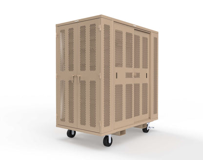Extreme Duty Mobile Rigging Cabinet with 2 sets of 2 Ventilated Sliding Doors and 2 sets of 2 Ventilated Swing Doors with Short and Long Hangers - 86 in. W x 50 in. D x 100 in. H - 7.27.6-4V-500-2SLD-2ED-40SH-16LH-FLP-CA-1019