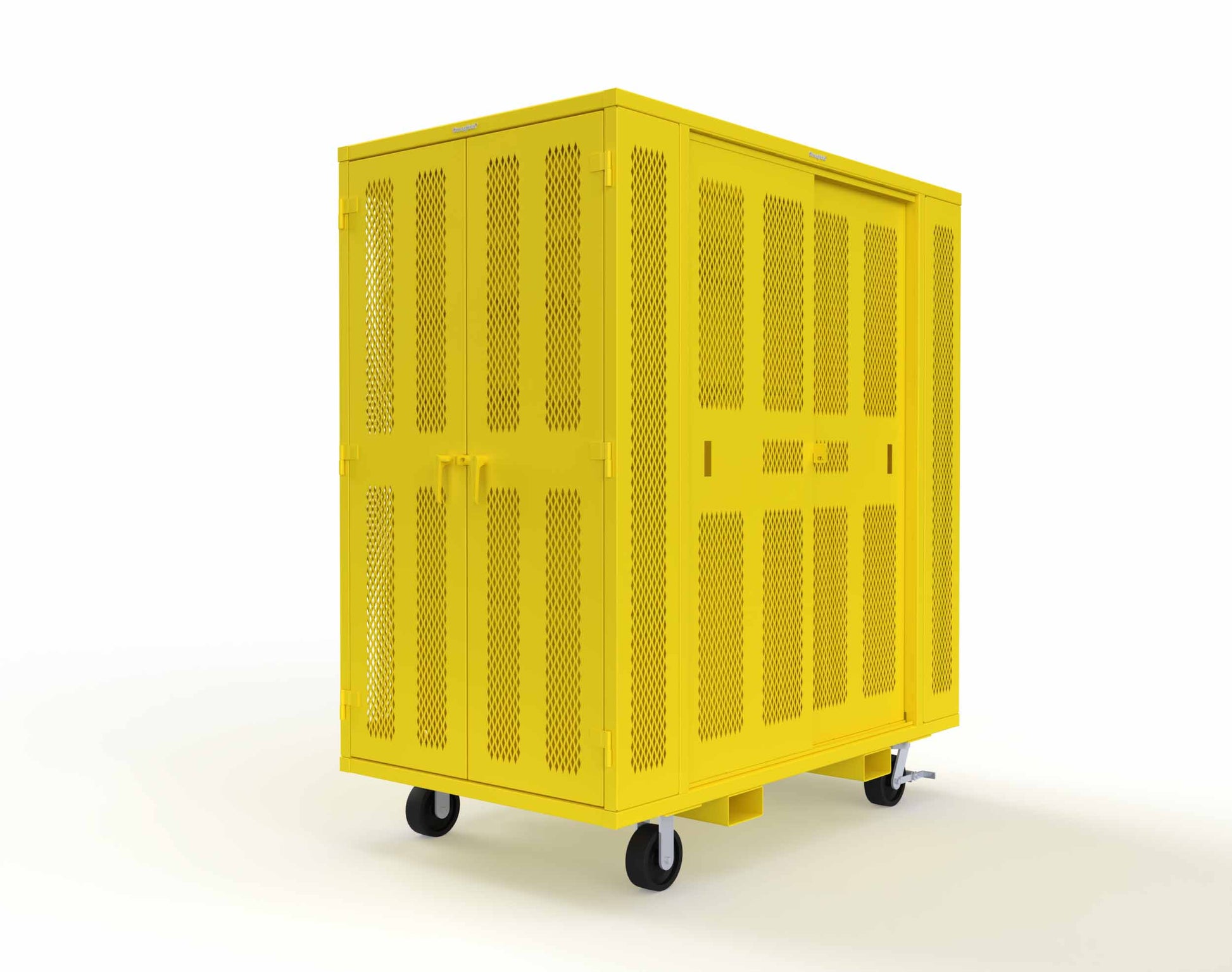 Extreme Duty Mobile Rigging Cabinet with 2 sets of 2 Ventilated Sliding Doors and 2 sets of 2 Ventilated Swing Doors with Short and Long Hangers - 86 in. W x 50 in. D x 100 in. H - 7.27.6-4V-500-2SLD-2ED-40SH-16LH-FLP-CA-1021