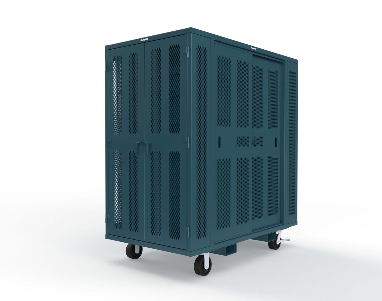 Extreme Duty Mobile Rigging Cabinet with 2 sets of 2 Ventilated Sliding Doors and 2 sets of 2 Ventilated Swing Doors with Short and Long Hangers - 86 in. W x 50 in. D x 100 in. H - 7.27.6-4V-500-2SLD-2ED-40SH-16LH-FLP-CA-5001