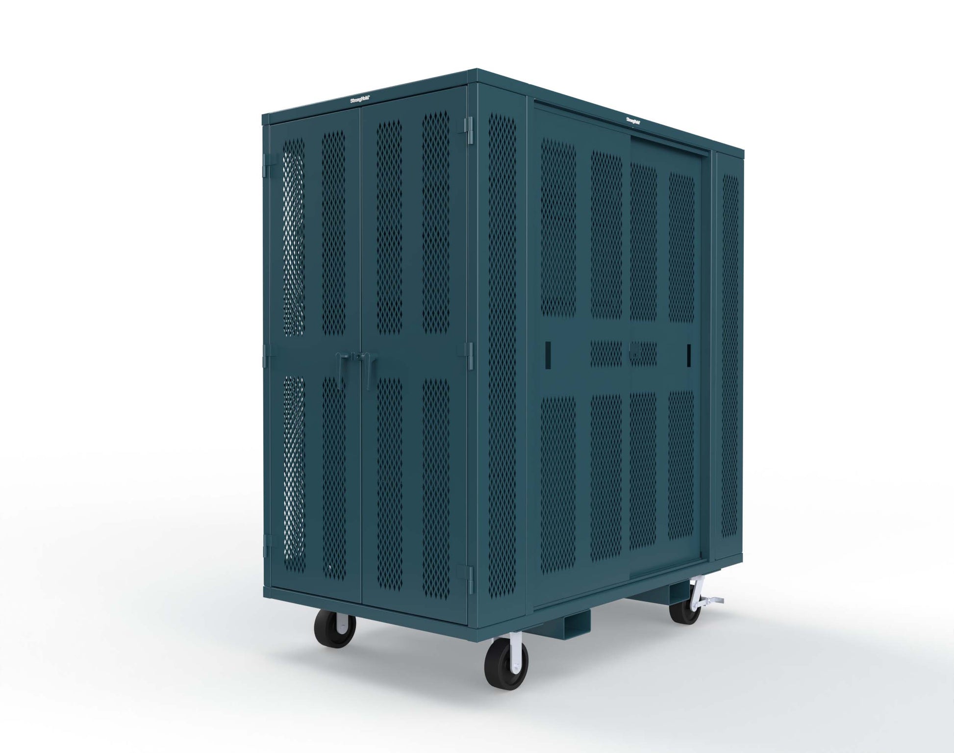 Extreme Duty Mobile Rigging Cabinet with 2 sets of 2 Ventilated Sliding Doors and 2 sets of 2 Ventilated Swing Doors with Short and Long Hangers - 86 in. W x 50 in. D x 100 in. H - 7.27.6-4V-500-2SLD-2ED-40SH-16LH-FLP-CA-5001