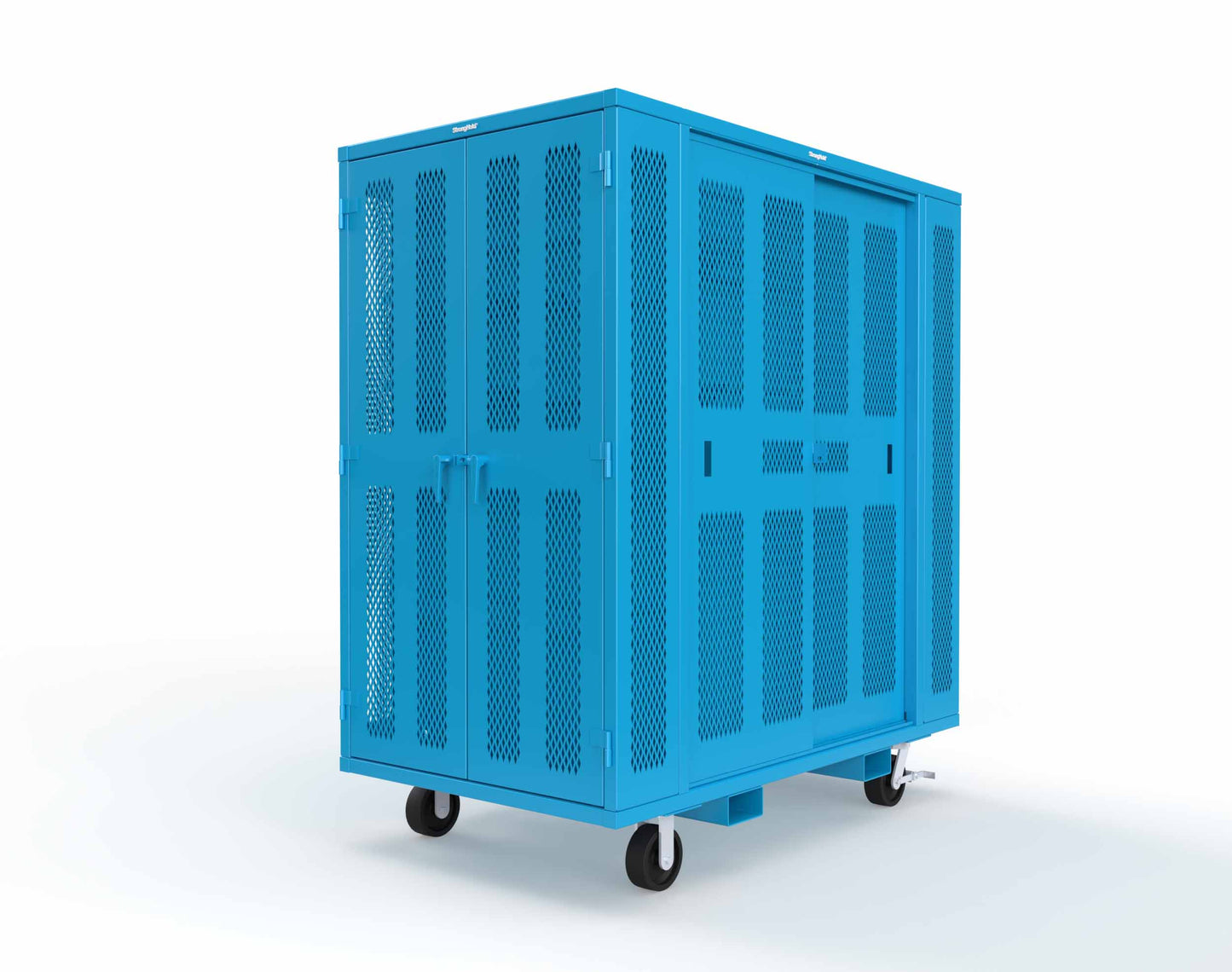 Extreme Duty Mobile Rigging Cabinet with 2 sets of 2 Ventilated Sliding Doors and 2 sets of 2 Ventilated Swing Doors with Short and Long Hangers - 86 in. W x 50 in. D x 100 in. H - 7.27.6-4V-500-2SLD-2ED-40SH-16LH-FLP-CA-5012