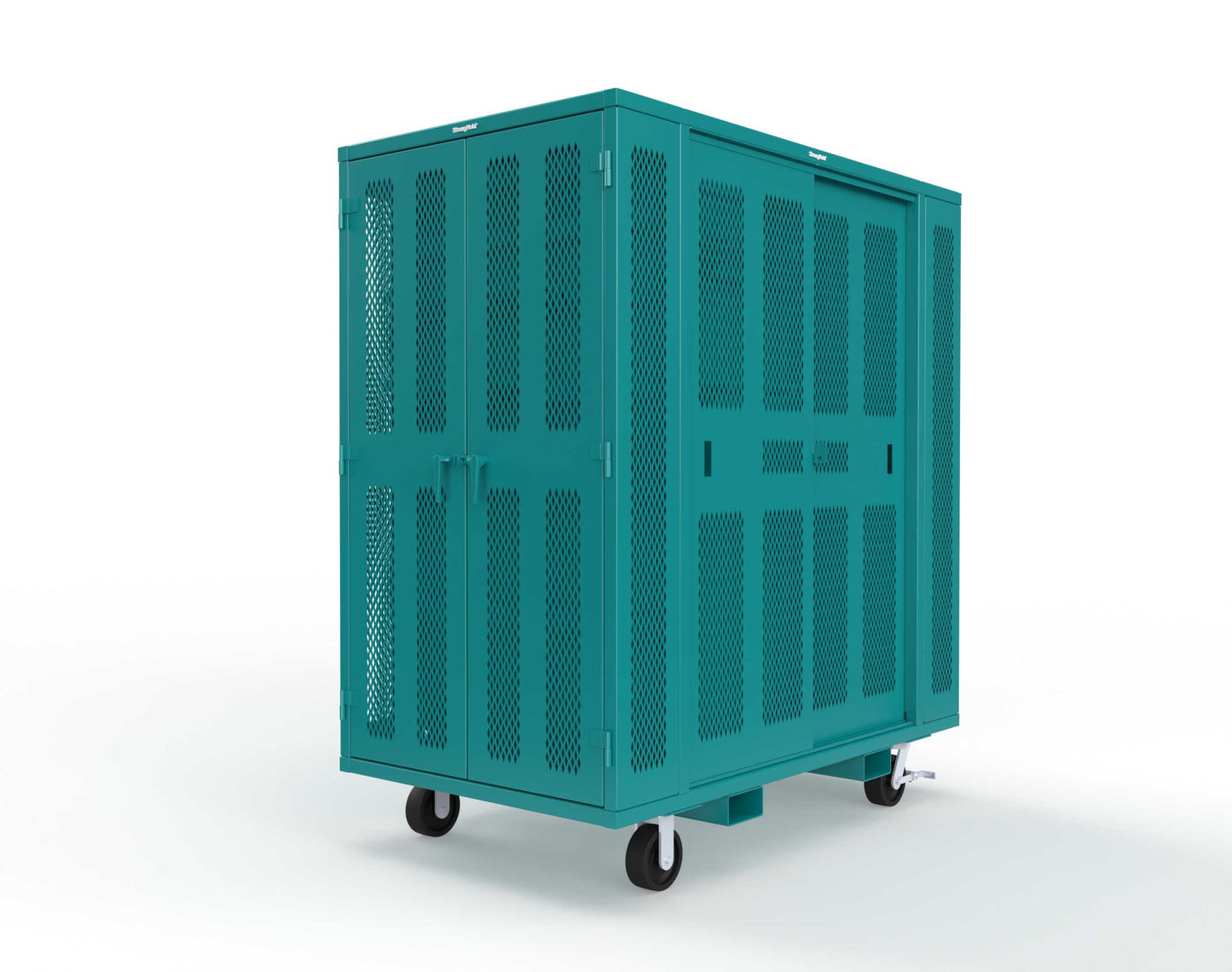 Extreme Duty Mobile Rigging Cabinet with 2 sets of 2 Ventilated Sliding Doors and 2 sets of 2 Ventilated Swing Doors with Short and Long Hangers - 86 in. W x 50 in. D x 100 in. H - 7.27.6-4V-500-2SLD-2ED-40SH-16LH-FLP-CA-5021