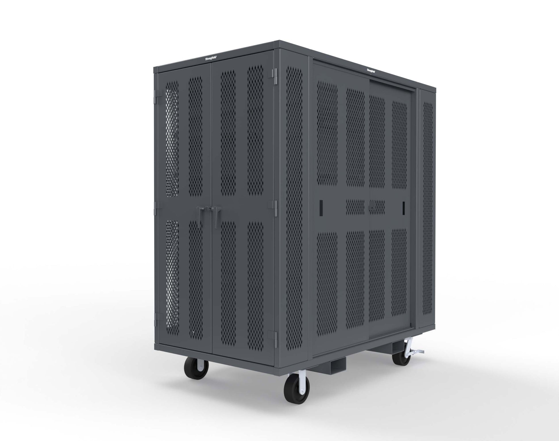Extreme Duty Mobile Rigging Cabinet with 2 sets of 2 Ventilated Sliding Doors and 2 sets of 2 Ventilated Swing Doors with Short and Long Hangers - 86 in. W x 50 in. D x 100 in. H - 7.27.6-4V-500-2SLD-2ED-40SH-16LH-FLP-CA-7024
