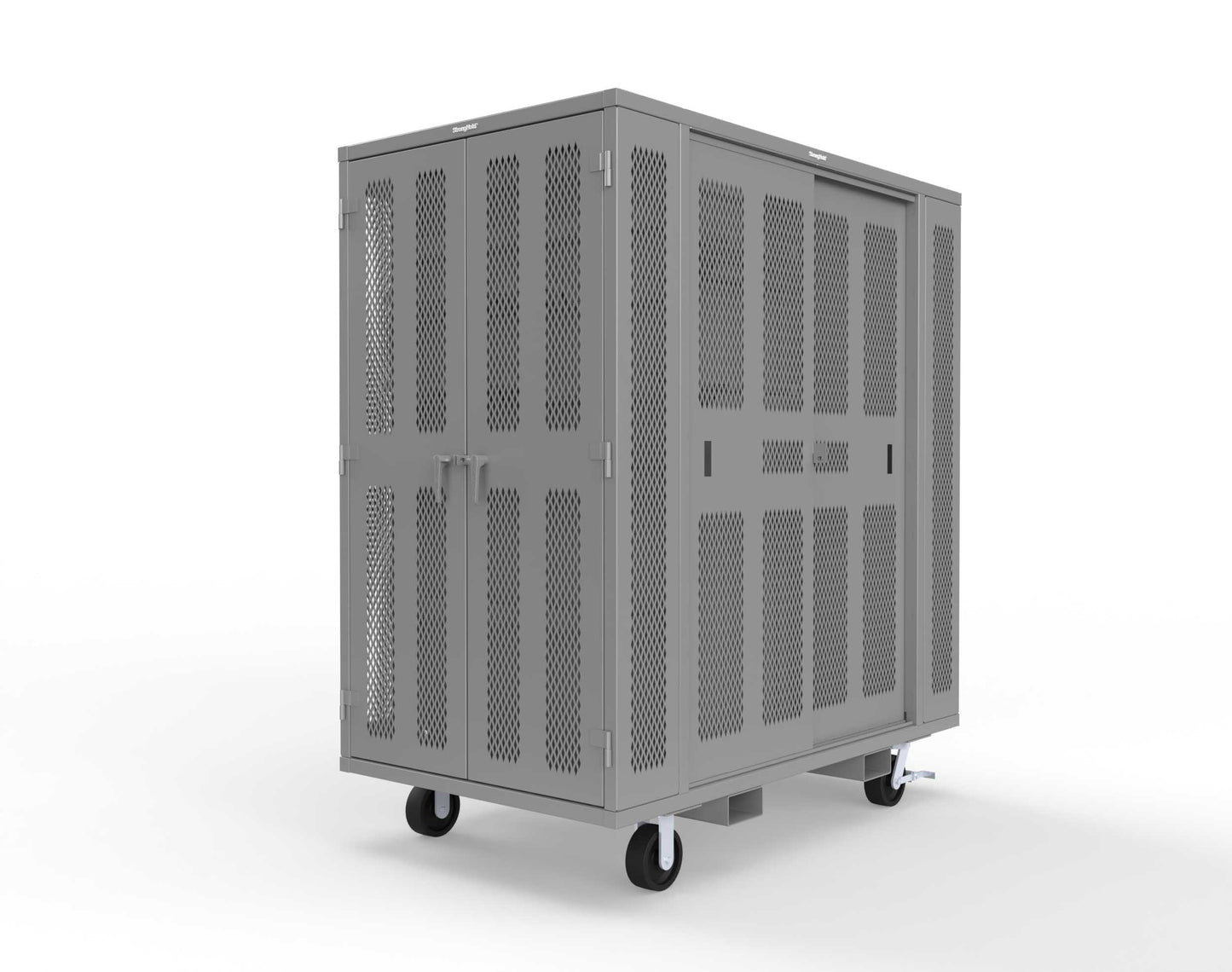 Extreme Duty Mobile Rigging Cabinet with 2 sets of 2 Ventilated Sliding Doors and 2 sets of 2 Ventilated Swing Doors with Short and Long Hangers - 86 in. W x 50 in. D x 100 in. H - 7.27.6-4V-500-2SLD-2ED-40SH-16LH-FLP-CA-7037
