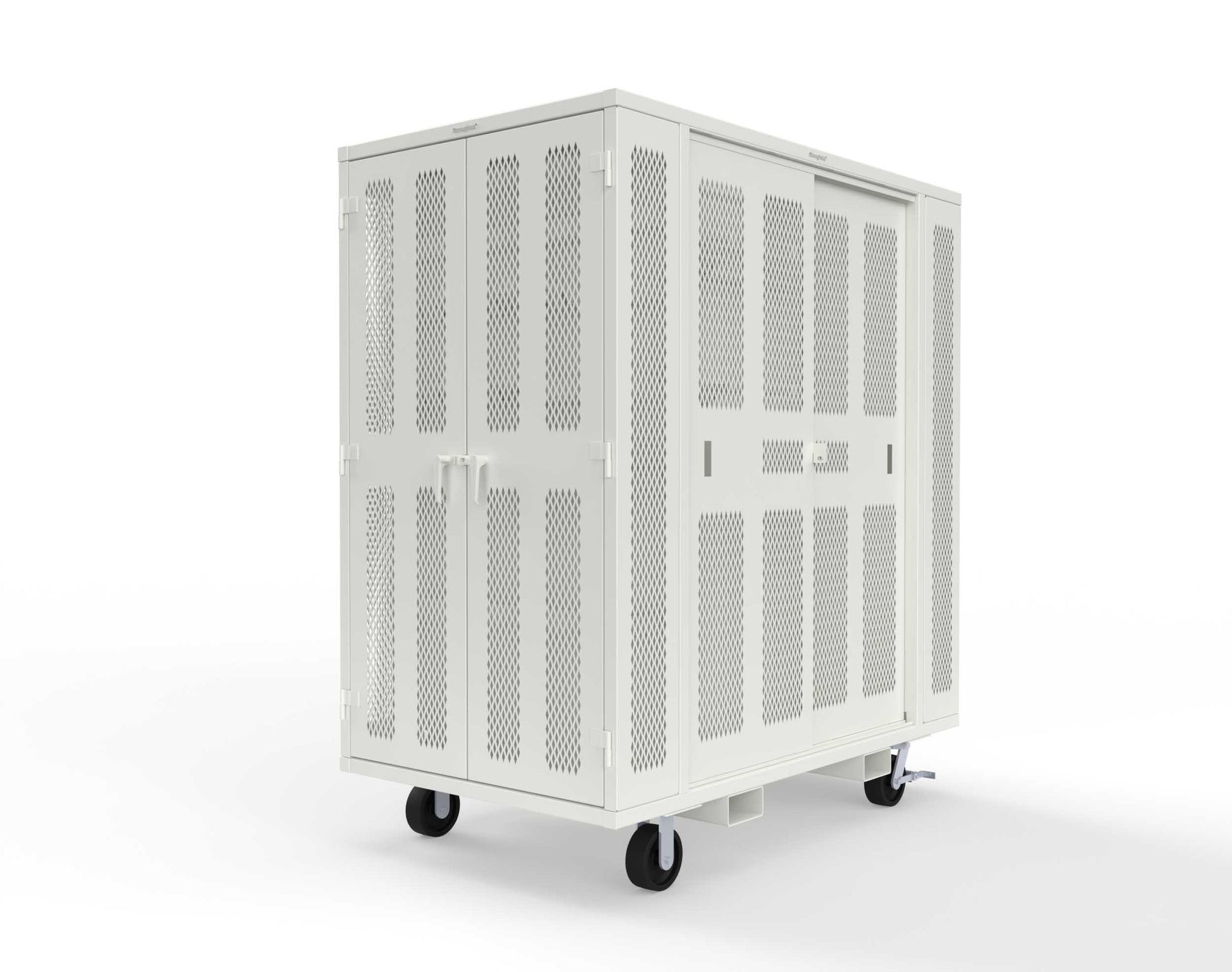Extreme Duty Mobile Rigging Cabinet with 2 sets of 2 Ventilated Sliding Doors and 2 sets of 2 Ventilated Swing Doors with Short and Long Hangers - 86 in. W x 50 in. D x 100 in. H - 7.27.6-4V-500-2SLD-2ED-40SH-16LH-FLP-CA-9003