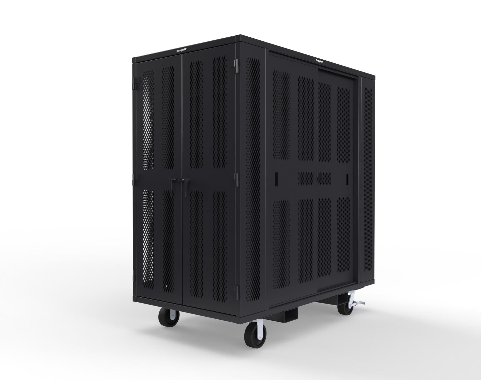 Extreme Duty Mobile Rigging Cabinet with 2 sets of 2 Ventilated Sliding Doors and 2 sets of 2 Ventilated Swing Doors with Short and Long Hangers - 86 in. W x 50 in. D x 100 in. H - 7.27.6-4V-500-2SLD-2ED-40SH-16LH-FLP-CA-9005