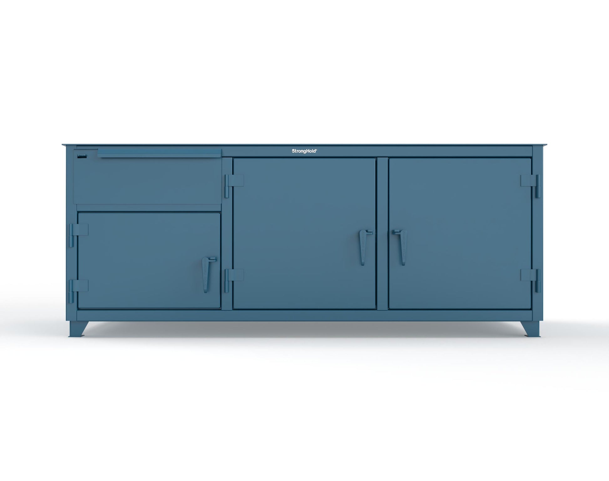 Extreme Duty 12 GA Workbench with 1 Drawer, 3 Shelves - 84 In. W x 30 In. D x 34 In. H - 73-WB-303-1DB-7024 - 73-WB-303-1DB-5001