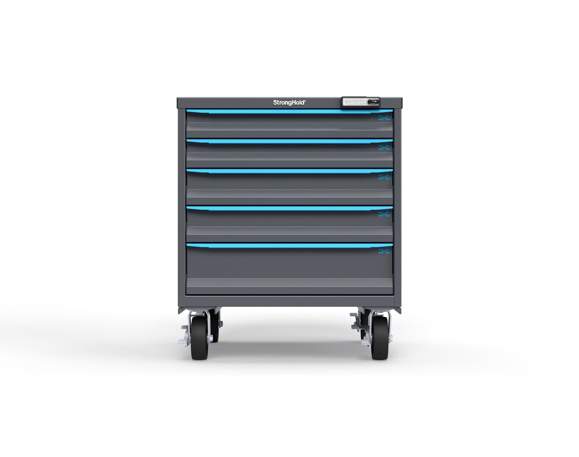 Modular Drawer 14 GA Storage Cabinet with 5 total Drawers - 30 In. W x 29 In. D x 36 In H. - 3" Drawers x 2, 4" Drawers x 2, 6" Drawers x 1 - 6" Casters - 30 In. W x 29 In. D x 36 In H - S3036-PCRAS-0502FS-5012-CompX-Regulator