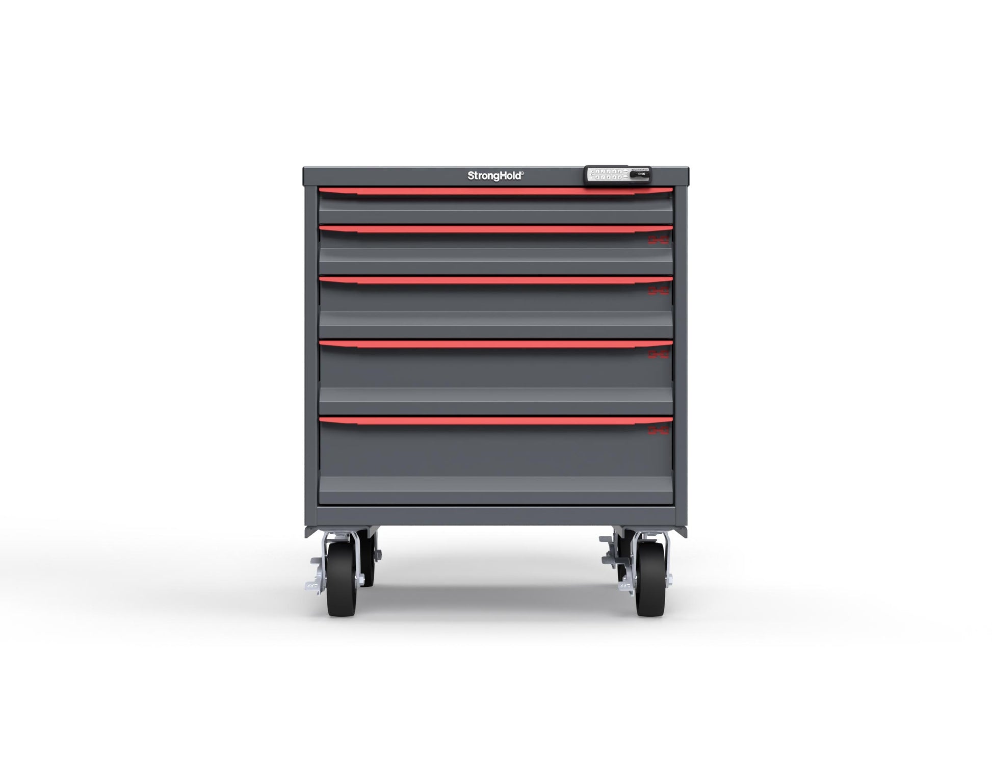 Modular Drawer 14 GA Storage Cabinet with 5 total Drawers - 30 In. W x 29 In. D x 36 In H. - 2" Drawers x 1, 3" Drawers x 1, 4" Drawers x 1, 5" Drawers x 1, 6" Drawers x 1 - 6" Casters - 30 In. W x 29 In. D x 36 In H - S3036-PCRAS-0503DS-3001-CompX-Regulator