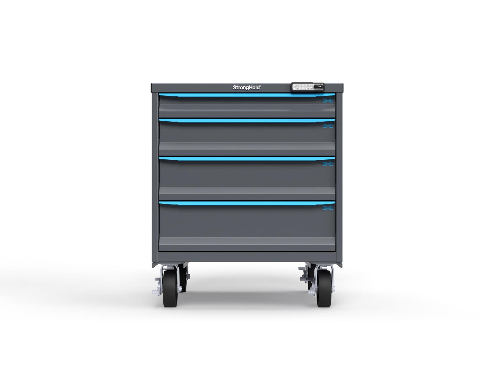 Modular Drawer 14 GA Storage Cabinet with 4 total Drawers - 30 In. W x 29 In. D x 36 In H. - 3" Drawers x 1, 5" Drawers x 1, 6" Drawers x 1, 7" Drawers x 1 - 6" Casters - 30 In. W x 29 In. D x 36 In H - S3036-PCRAS-0403FS-5012-CompX-Regulator