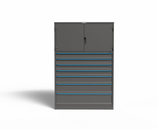 Modular Drawer 14 GA Storage Cabinet with 7 total drawers & Top Cabinet - 5" Drawers x4, 7" Drawers x1, 9" Drawers x1, 11" Drawers x1 - 3" Integrated Legs - 61 In. W x 29 In. D x 91 In H. MODEX 2026