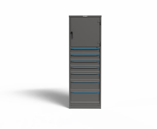 Modular Drawer 14 GA Storage Cabinet with 7 total drawers & Top Cabinet - 5" Drawers x4, 7" Drawers x1, 9" Drawers x1, 11" Drawers x1 - 3" Integrated Legs - 31 In. W x 29 In. D x 91 In H. MODEX 2026