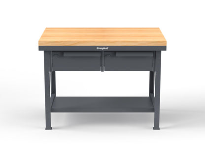 Extreme Duty 7 GA Shop Table with 1 3/4 in. Maple Top, 2 Drawers, 1 Shelf - 48 In. W x 30 In. D x 34 In. H - T4830-2DB-MT-7024