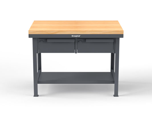 Extreme Duty 7 GA Shop Table with 1 3/4 in. Maple Top, 2 Drawers, 1 Shelf - 48 In. W x 30 In. D x 34 In. H - T4830-2DB-MT-7024