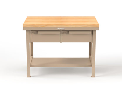 Extreme Duty 7 GA Shop Table with 1 3/4 in. Maple Top, 2 Drawers, 1 Shelf - 48 In. W x 30 In. D x 34 In. H - T4830-2DB-MT-1019