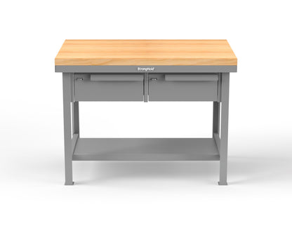 Extreme Duty 7 GA Shop Table with 1 3/4 in. Maple Top, 2 Drawers, 1 Shelf - 48 In. W x 30 In. D x 34 In. H - T4830-2DB-MT-7037
