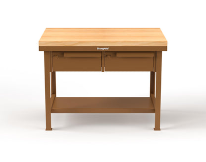 Extreme Duty 7 GA Shop Table with 1 3/4 in. Maple Top, 2 Drawers, 1 Shelf - 48 In. W x 30 In. D x 34 In. H - T4830-2DB-MT-8008