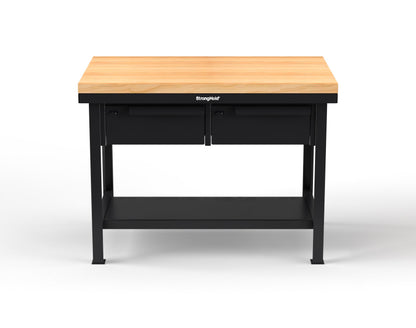 Extreme Duty 7 GA Shop Table with 1 3/4 in. Maple Top, 2 Drawers, 1 Shelf - 48 In. W x 30 In. D x 34 In. H - T4830-2DB-MT-9005
