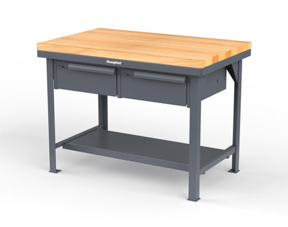 Extreme Duty 7 GA Shop Table with 1 3/4 in. Maple Top, 2 Drawers, 1 Shelf - 48 In. W x 30 In. D x 34 In. H - T4830-2DB-MT-7024