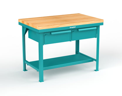 Extreme Duty 7 GA Shop Table with 1 3/4 in. Maple Top, 2 Drawers, 1 Shelf - 48 In. W x 30 In. D x 34 In. H - T4830-2DB-MT-5021