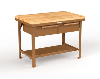 Extreme Duty 7 GA Shop Table with 1 3/4 in. Maple Top, 2 Drawers, 1 Shelf - 48 In. W x 30 In. D x 34 In. H - T4830-2DB-MT-8008