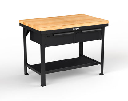 Extreme Duty 7 GA Shop Table with 1 3/4 in. Maple Top, 2 Drawers, 1 Shelf - 48 In. W x 30 In. D x 34 In. H - T4830-2DB-MT-9005