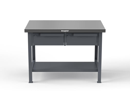 Extreme Duty 7 GA Shop Table with Stainless Steel Top, 2 Drawers, 1 Shelf - 48 In. W x 30 In. D x 34 In. H - T4830-2DB-SSTOP-7024